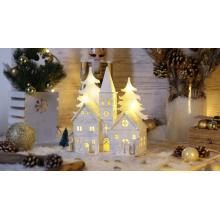 Tracon LED karácsonyi templom fenyővel 10LED fehér, fa, elemes